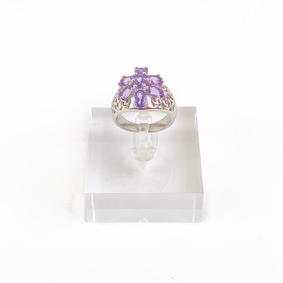 Ring Purple Flower Faceted Synthetic Amethyst Silver Tone Thai Fashion Vintage - Picture 13 of 14